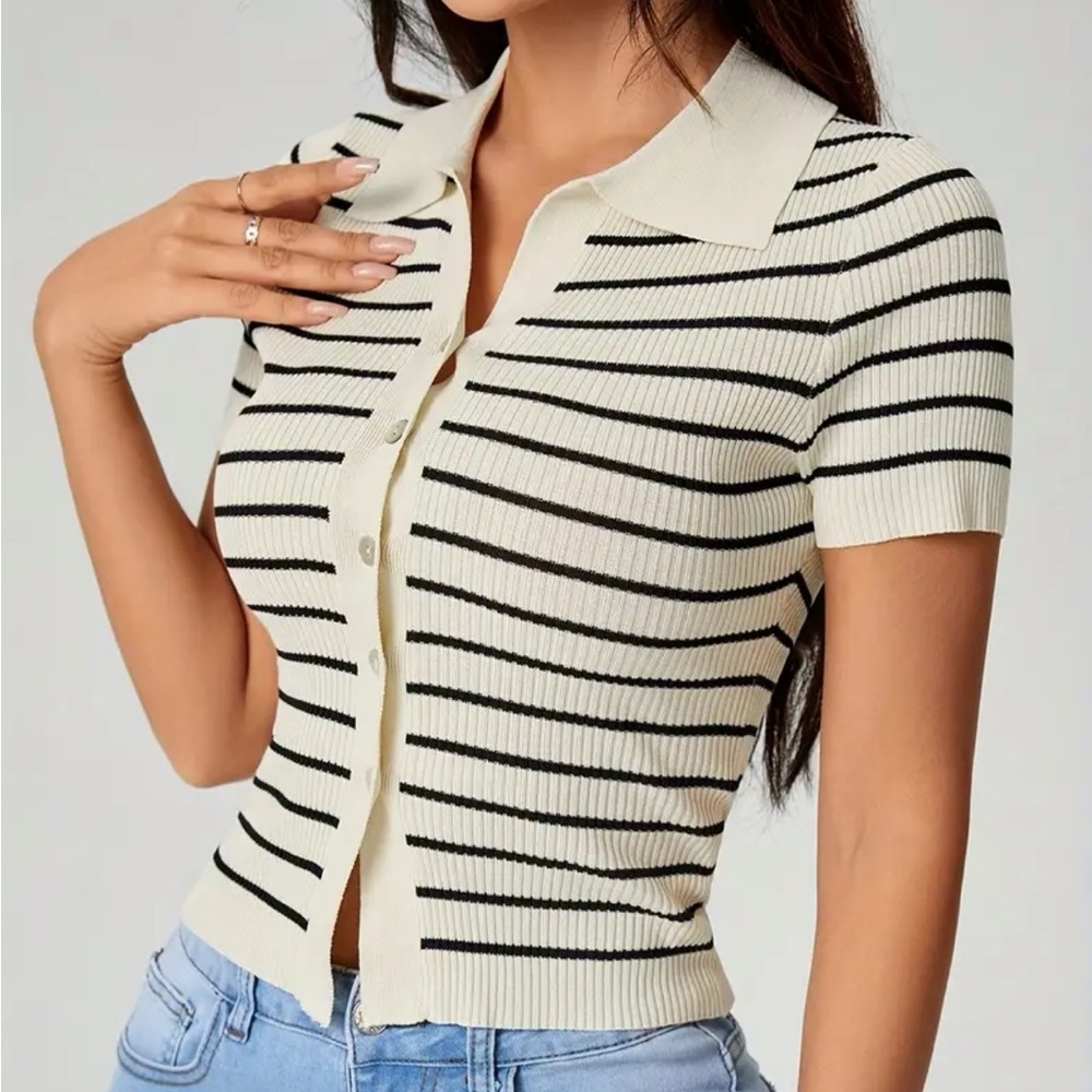 Striped Short Sleeve Collared Top Sezane style small